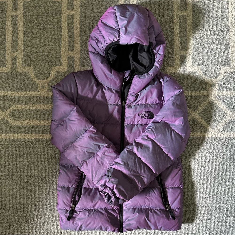Girls North Face Purple Metallic Down Puffer Hooded Jacket